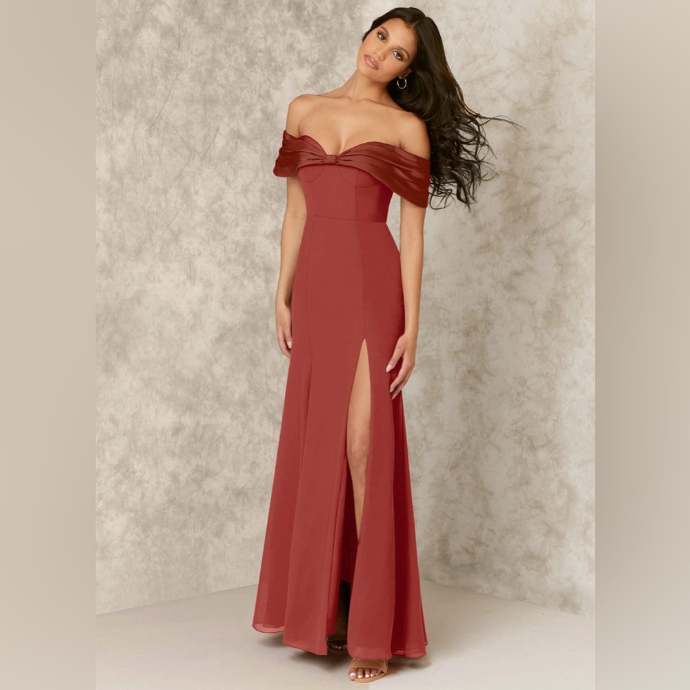 OFF SHOULDER STRETCH SATIN AND CHIFFON SHEATH DRESS Terracotta